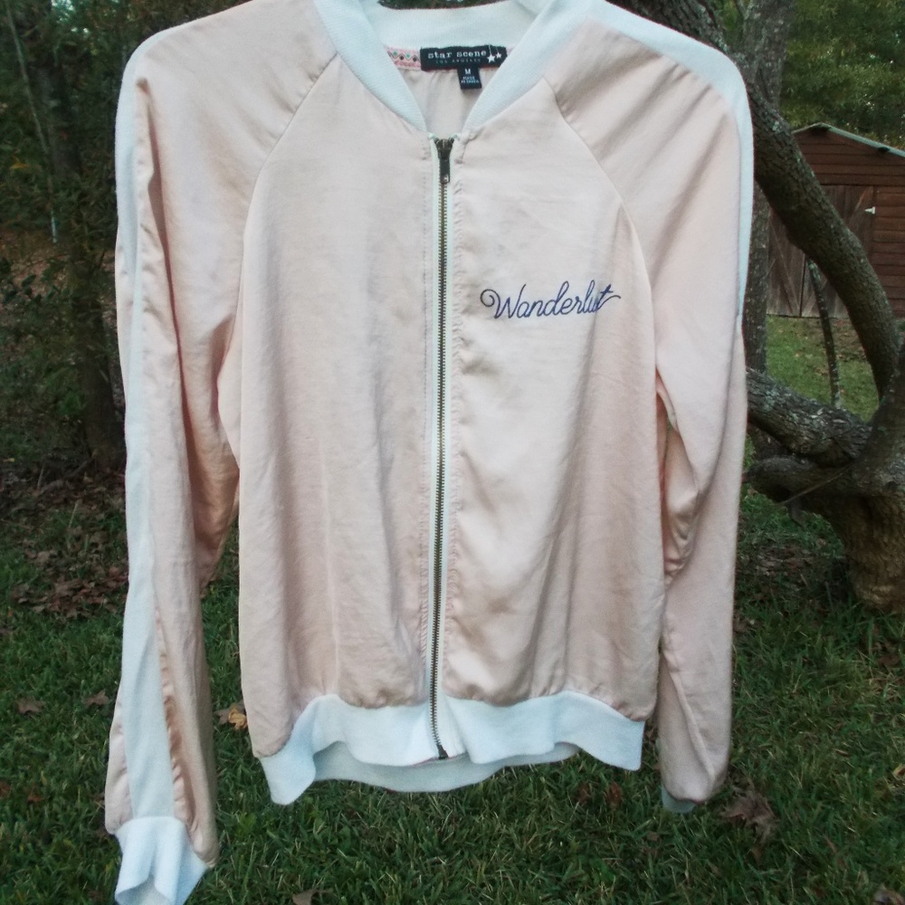 WANDERLUST Pink Silk Crop Jacket Mountain Scene